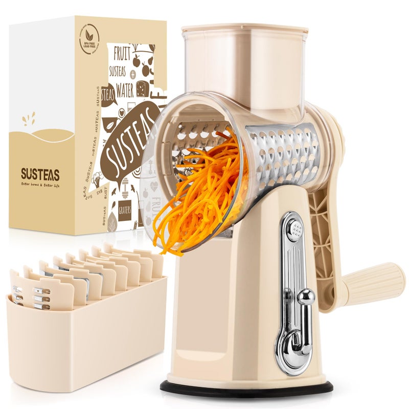 SUSTEAS Rotary Cheese Grater with Handle Vegetable Shredder with 5 Welldesigned Blades Strong Suction BaseRound Mandoline Slicer Food Chopper for Kitchenwith Blade Storage BoxBeige