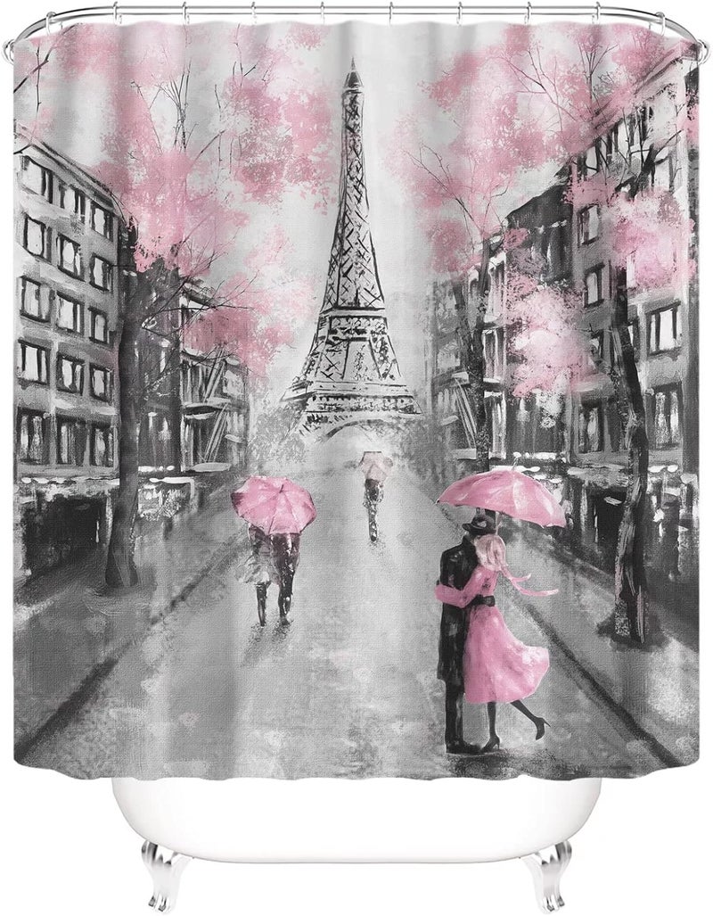 Chrainy 4Pcs Paris Eiffel Tower Pink Shower Curtain Sets Bathroom Set Decor with Non-Slip Rugs Bath U-Shaped Mat Toilet Lid Cover Waterproof Valentine Bathroom Curtains Shower Set with 12 Hooks - Image 3