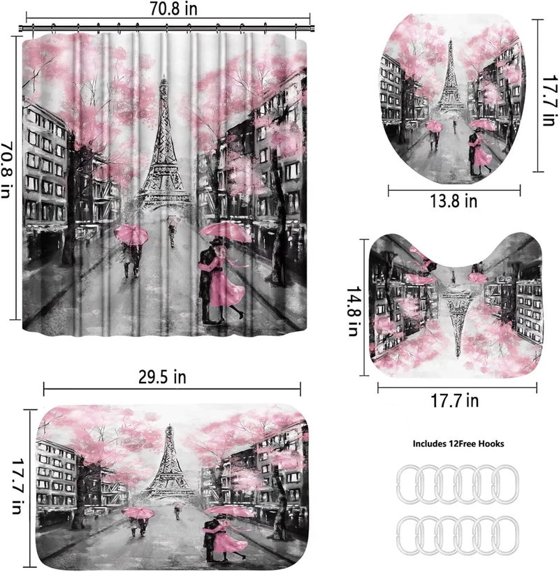 Chrainy 4Pcs Paris Eiffel Tower Pink Shower Curtain Sets Bathroom Set Decor with Non-Slip Rugs Bath U-Shaped Mat Toilet Lid Cover Waterproof Valentine Bathroom Curtains Shower Set with 12 Hooks - Image 5