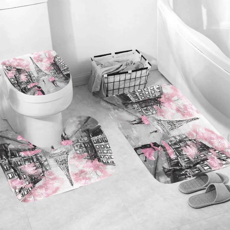 Chrainy 4Pcs Paris Eiffel Tower Pink Shower Curtain Sets Bathroom Set Decor with Non-Slip Rugs Bath U-Shaped Mat Toilet Lid Cover Waterproof Valentine Bathroom Curtains Shower Set with 12 Hooks - Image 4