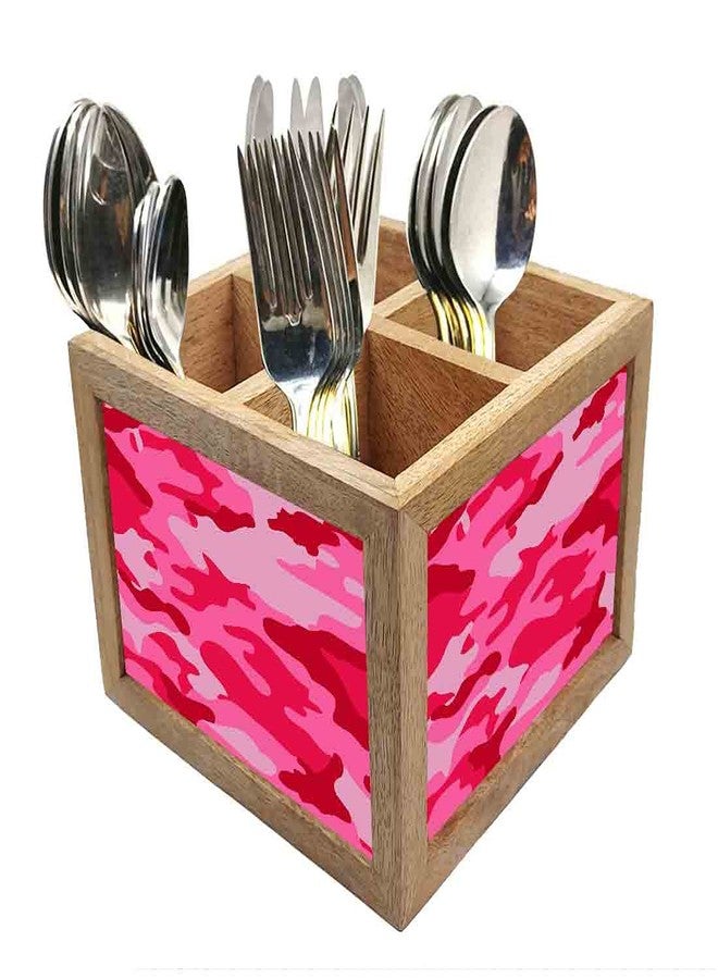 Nutcase Wooden Cutlery Stand Holder Silverware Caddy Spoons Forks Knives Organizer for Dining Table & Kitchen -Made in India-Spoons NOT Included - Pink Camo - Image 1