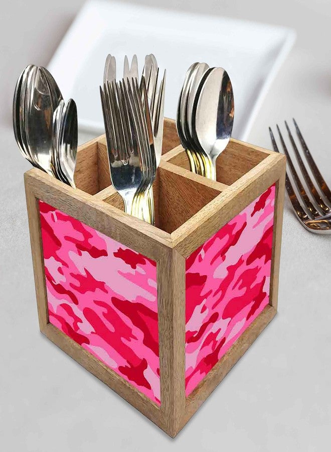 Nutcase Wooden Cutlery Stand Holder Silverware Caddy Spoons Forks Knives Organizer for Dining Table & Kitchen -Made in India-Spoons NOT Included - Pink Camo - Image 2