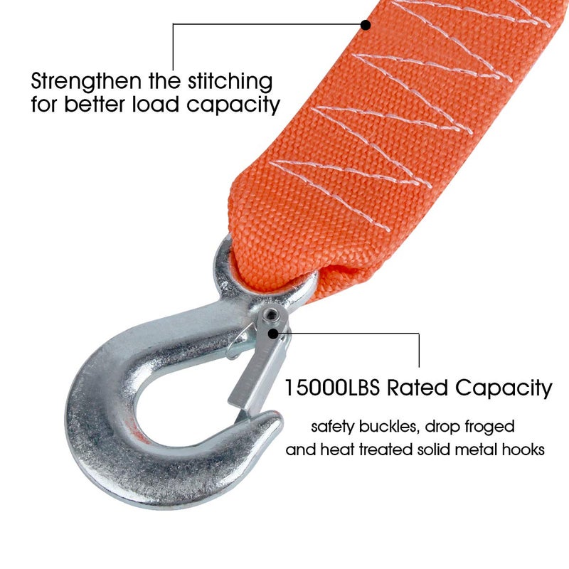 JCHL Tow Strap Heavy Duty with Hooks 2”x20’ 15,000LB Recovery Strap 6,8 Tons Towing Strap with Safety Hooks Polyester - Image 2