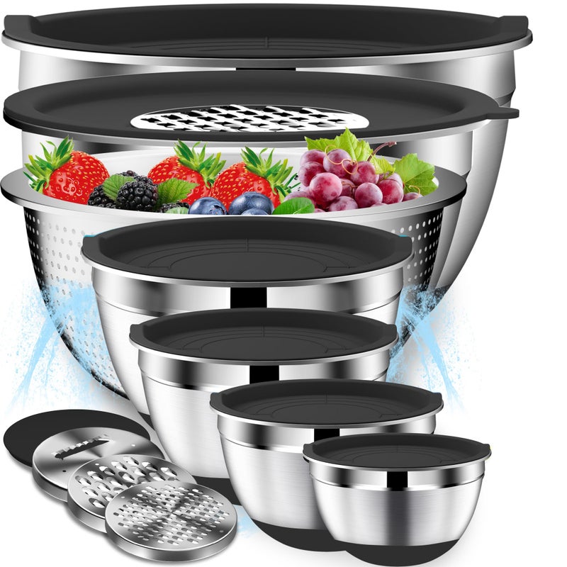DUTZUN Mixing Bowls with Lids Set - 16pcs Stainless Steel Mixing Bowl Set with Colander, 3 Grater Attachments, Non-Slip Bottom, Metal Nesting Bowls with Strainer for Mixing & Serving - Black - Image 1