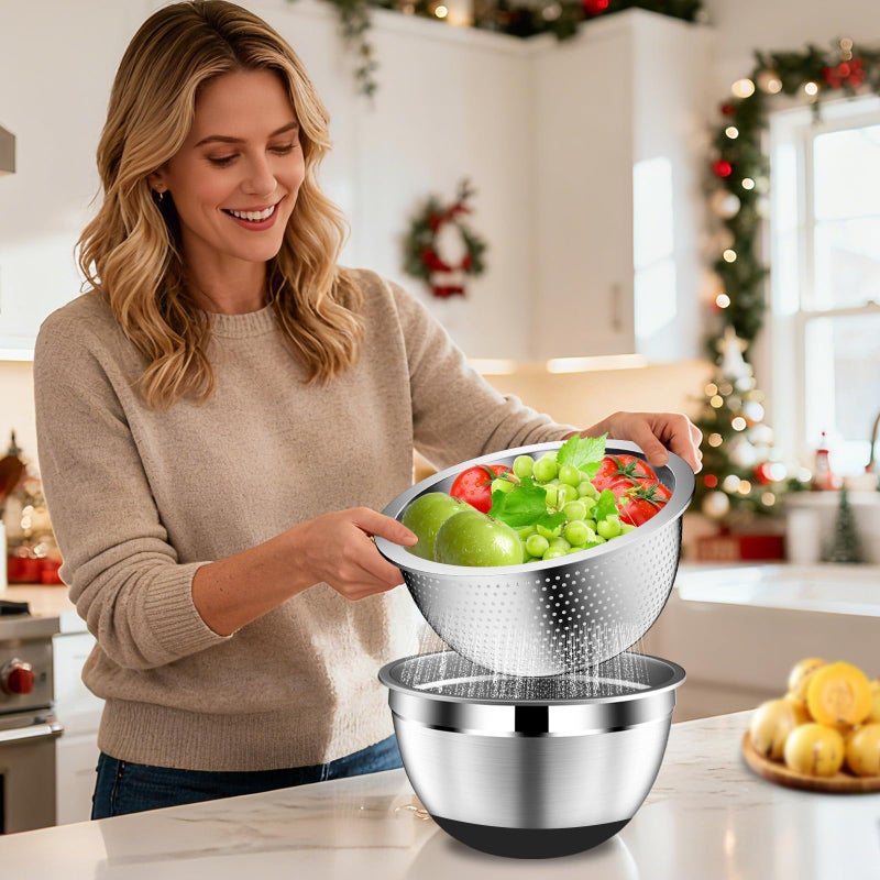DUTZUN Mixing Bowls with Lids Set - 16pcs Stainless Steel Mixing Bowl Set with Colander, 3 Grater Attachments, Non-Slip Bottom, Metal Nesting Bowls with Strainer for Mixing & Serving - Black - Image 5