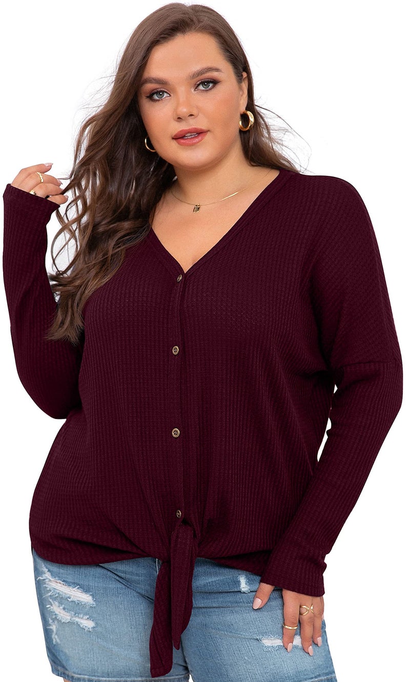 OLRIK Womens Plus Size Tops Long Sleeve V Neck Waffle Knit Tunic Blouse Tie Front Button Up T Shirts Wine Red-2X Plus - Image 5