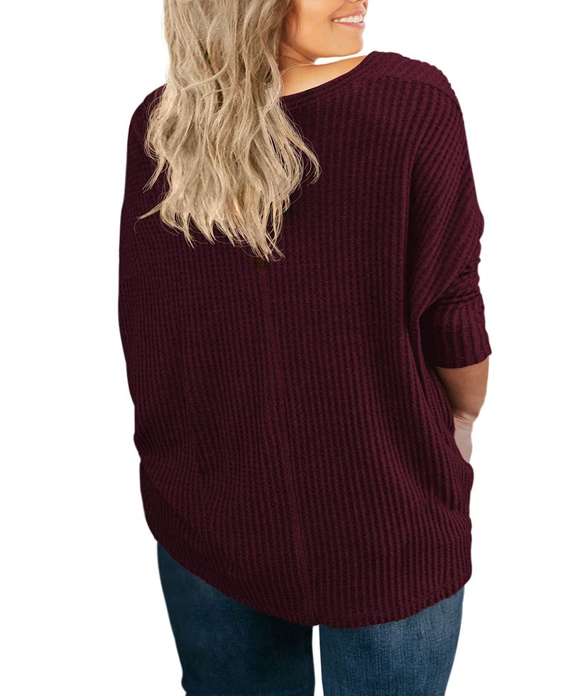 OLRIK Womens Plus Size Tops Long Sleeve V Neck Waffle Knit Tunic Blouse Tie Front Button Up T Shirts Wine Red-2X Plus - Image 4