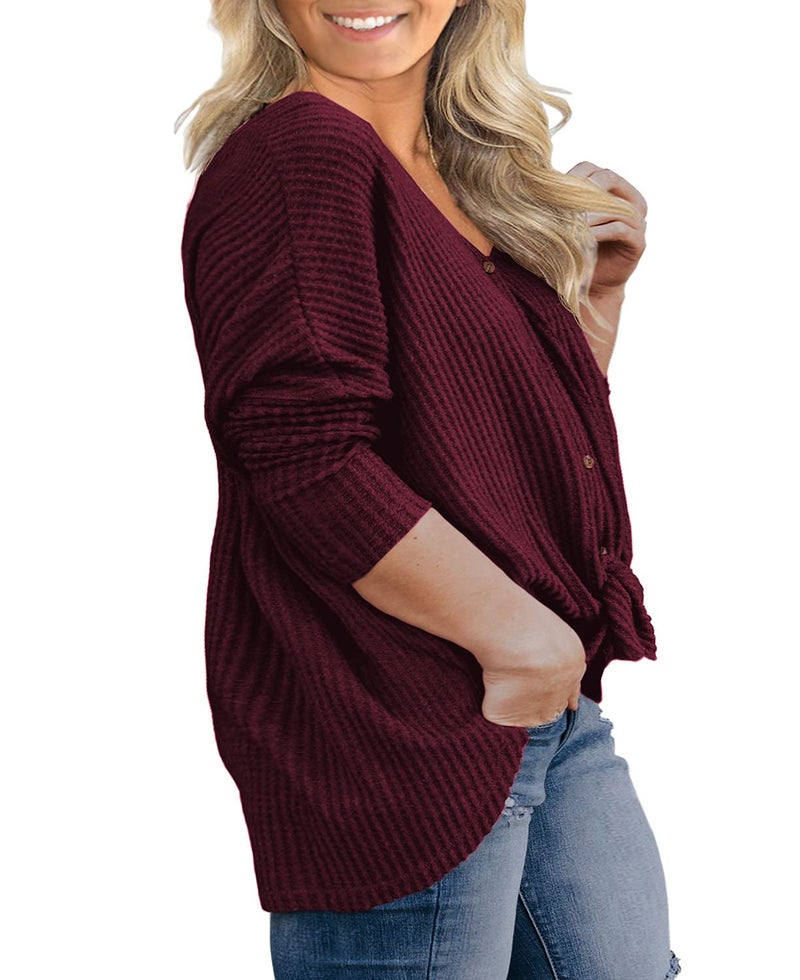 OLRIK Womens Plus Size Tops Long Sleeve V Neck Waffle Knit Tunic Blouse Tie Front Button Up T Shirts Wine Red-2X Plus - Image 3
