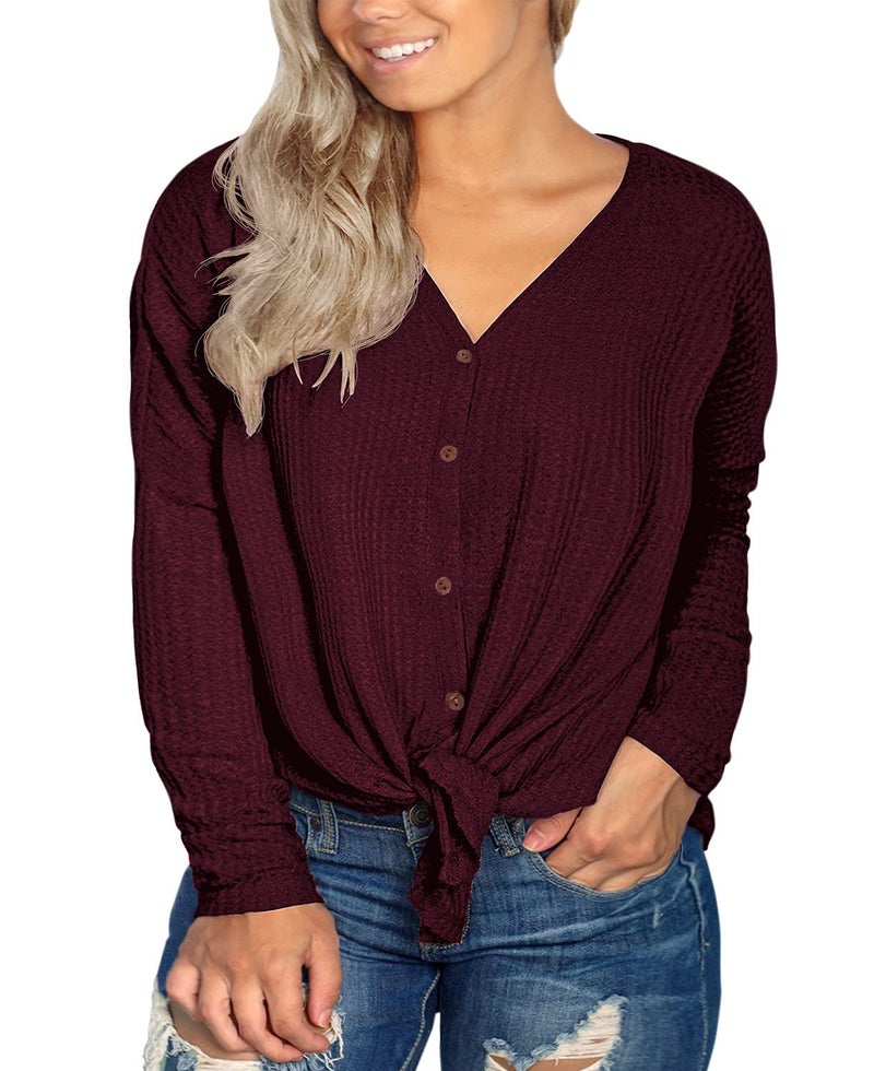 OLRIK Womens Plus Size Tops Long Sleeve V Neck Waffle Knit Tunic Blouse Tie Front Button Up T Shirts Wine Red-2X Plus - Image 2