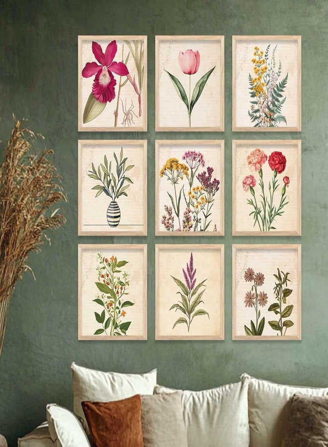 HOTHOUSE Engineered Wood Botanical Wall Art | Framed Poster | Set of 9 (Art 4, 8x8 inch, Framed) | Living Room, Bedroom, Guest Room - Image 1