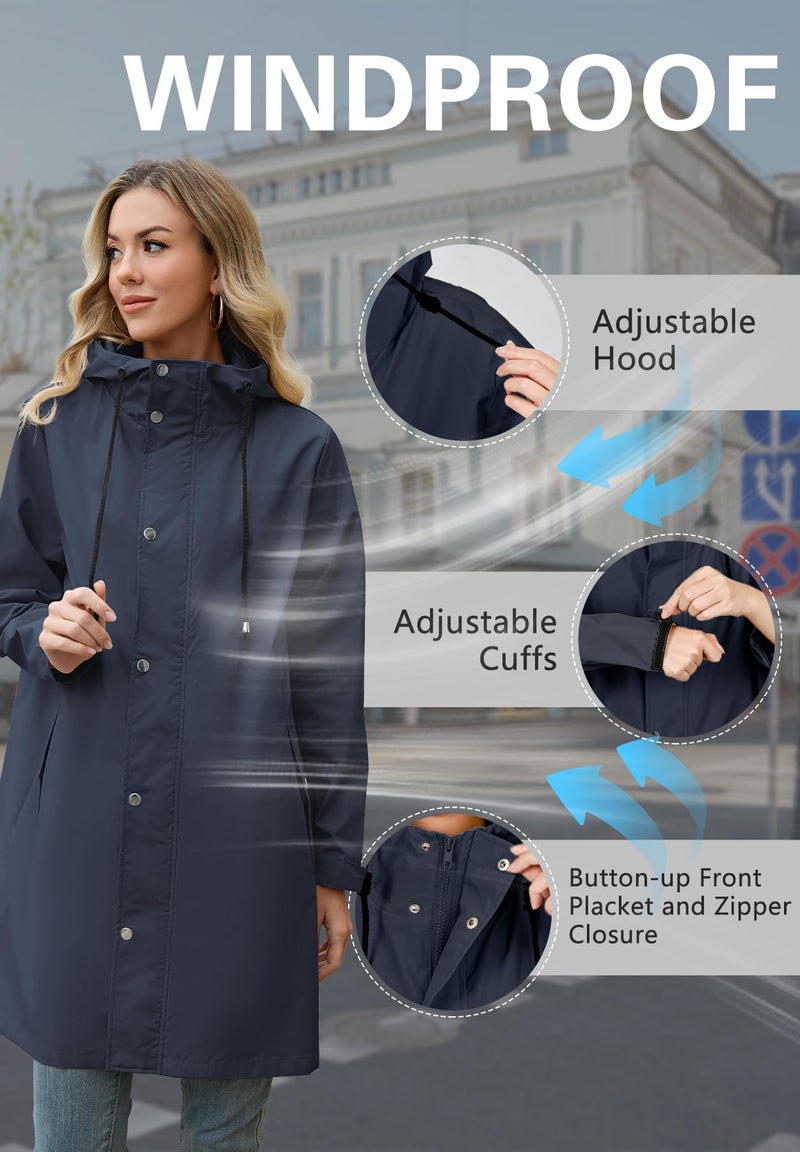 Zando Womens Rain Jacket with Hood - Waterproof Long Raincoat for Women Lightweight Raincoats for Women Packable Rain Jacket Windbreaker Trench Coat for Outdoor Travel Commuting Hiking Gifts Navy L - Image 5