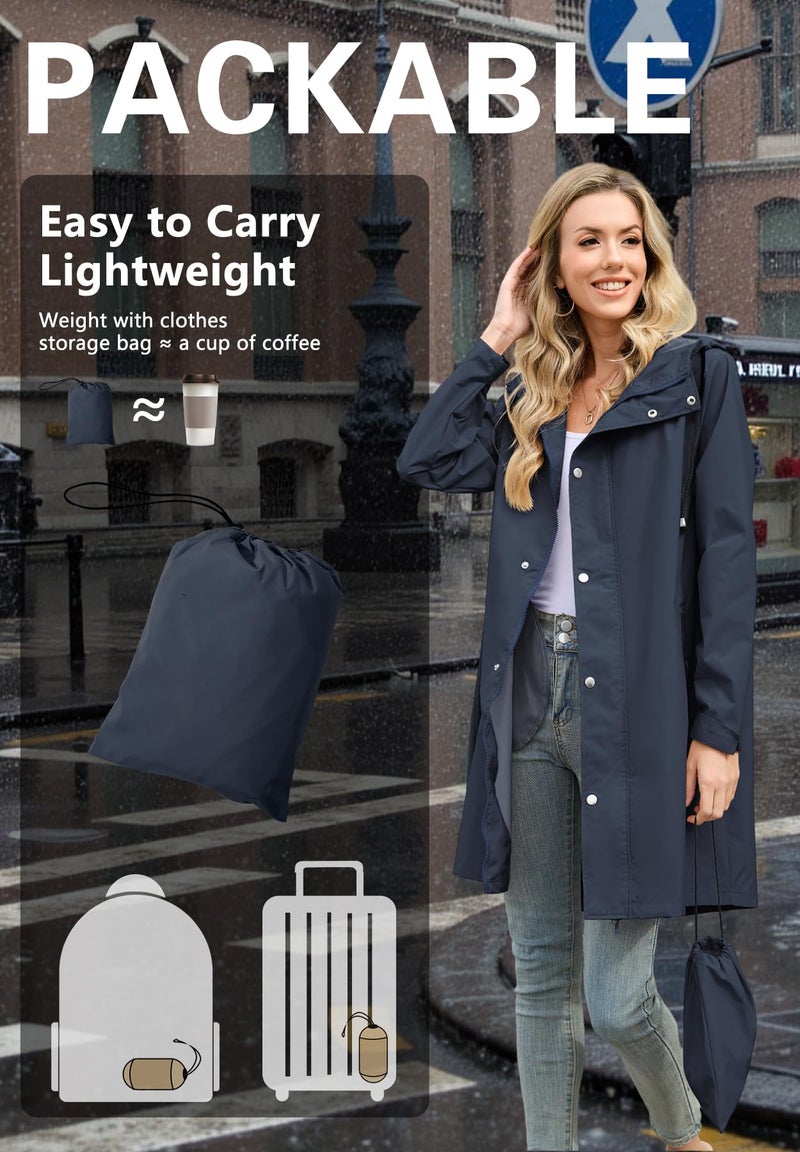 Zando Womens Rain Jacket with Hood - Waterproof Long Raincoat for Women Lightweight Raincoats for Women Packable Rain Jacket Windbreaker Trench Coat for Outdoor Travel Commuting Hiking Gifts Navy L - Image 4