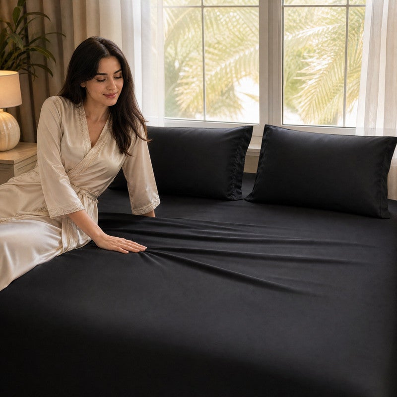 تى ام هوم طقم ملاية استك، 3 قطع، 180 × 200 سم، قطن طبيعي 100%، 300 خيط، تشطيب ساتان مزدوج، جودة فنادق 5 نجوم، أسود - Image 2