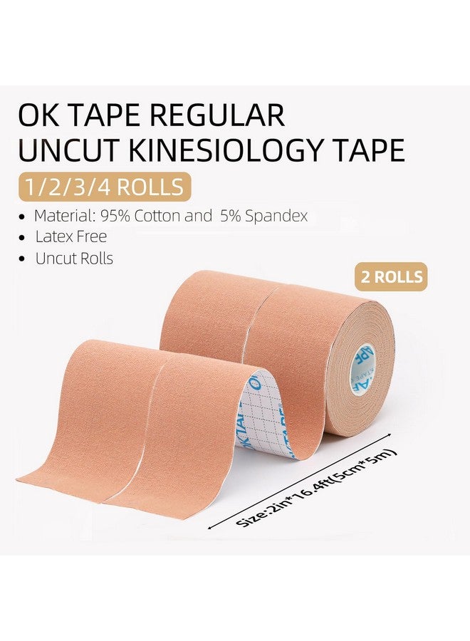 اوك تيب شريط الحركة القطني الأصلي العادي من OK TAPE (عبوة من قطعتين)، شريط رياضي علاجي مرن مقاوم للماء، خالٍ من اللاتكس، للتعافي من الإصابات، شريط K غير مقطوع 2 بوصة × 16.4 قدم - بيج - Image 3