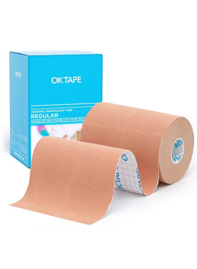 اوك تيب شريط الحركة القطني الأصلي العادي من OK TAPE (عبوة من قطعتين)، شريط رياضي علاجي مرن مقاوم للماء، خالٍ من اللاتكس، للتعافي من الإصابات، شريط K غير مقطوع 2 بوصة × 16.4 قدم - بيج - Image 1