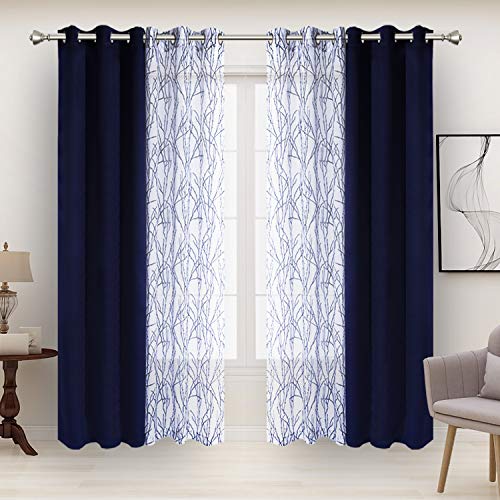 BONZER Mix and Match Curtains  2 Pieces Branch Print Sheer Curtains and 2 Pieces Blackout Curtains for Bedroom Living Room Grommet Window Drapes 37x84 InchPanel Indigo Set of 4 Panels