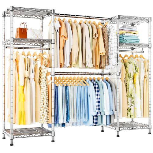 Ulif E7 Garment Rack, Heavy Duty Clothes Storage System with Extendable Hangers Rods, Metal Clothing Rack with 6 Wire Shelves, (52.3"-72") W x 14.5" D x 71.2" H, Load 838lbs, Chrome - Image 1
