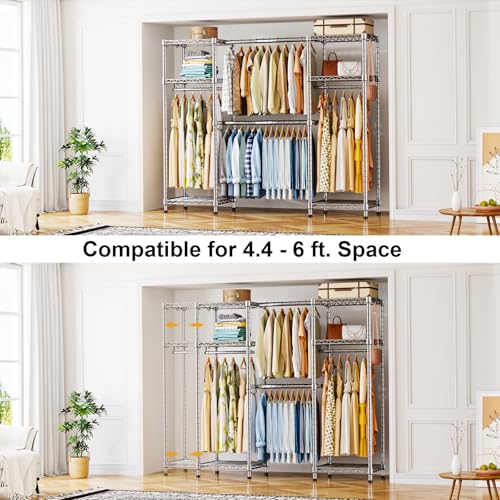 Ulif E7 Garment Rack, Heavy Duty Clothes Storage System with Extendable Hangers Rods, Metal Clothing Rack with 6 Wire Shelves, (52.3"-72") W x 14.5" D x 71.2" H, Load 838lbs, Chrome - Image 4