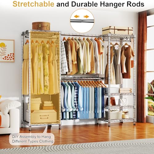 Ulif E7 Garment Rack, Heavy Duty Clothes Storage System with Extendable Hangers Rods, Metal Clothing Rack with 6 Wire Shelves, (52.3"-72") W x 14.5" D x 71.2" H, Load 838lbs, Chrome - Image 3