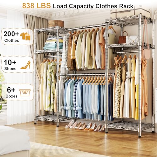 Ulif E7 Garment Rack, Heavy Duty Clothes Storage System with Extendable Hangers Rods, Metal Clothing Rack with 6 Wire Shelves, (52.3"-72") W x 14.5" D x 71.2" H, Load 838lbs, Chrome - Image 2