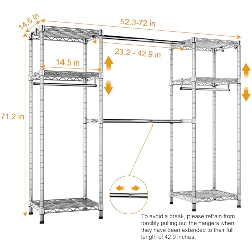 Ulif E7 Garment Rack, Heavy Duty Clothes Storage System with Extendable Hangers Rods, Metal Clothing Rack with 6 Wire Shelves, (52.3"-72") W x 14.5" D x 71.2" H, Load 838lbs, Chrome - Image 5