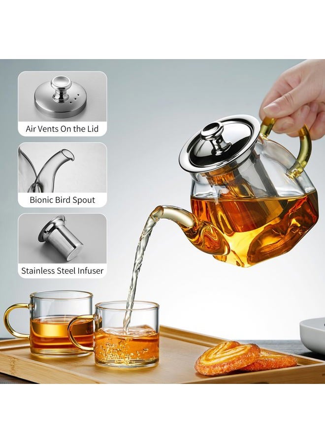 DOPUDO Glass Tea Pot with Stainless Steel Infuser and Lid (Octagonal), Clear Glass Teapot, Borosilicate Hydrochloric Glass Heat Resistant, Fine Glass Filter for Flower Tea, Tea Bags (32 oz / 800 ml) - Image 3