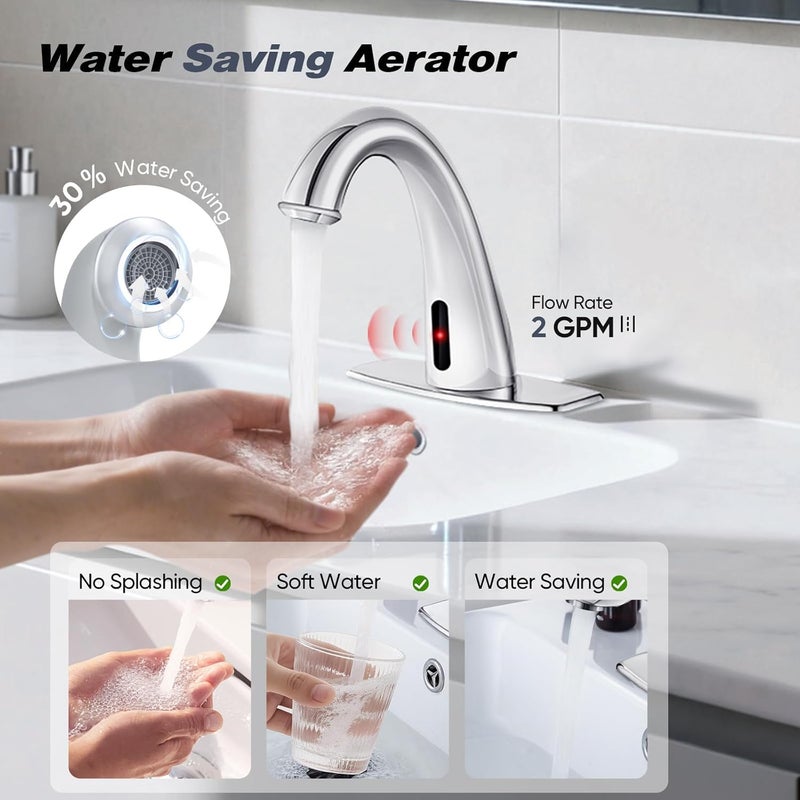 HOOMEE Automatic Touchless Bathroom Faucet Motion Sensor Activated Commercial Basin Sink Vantiy Hands Free Auto Off Infrared Mixer with Hole Cover Deck Plate Temperature Control Hot Cold （Chrome） - Image 2