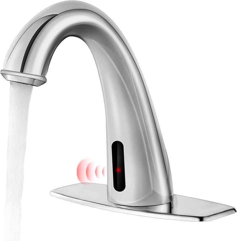 HOOMEE Automatic Touchless Bathroom Faucet Motion Sensor Activated Commercial Basin Sink Vantiy Hands Free Auto Off Infrared Mixer with Hole Cover Deck Plate Temperature Control Hot Cold （Chrome） - Image 1