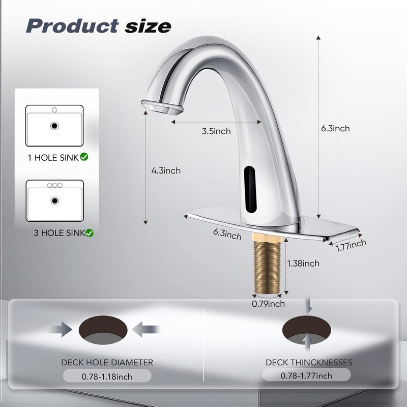 HOOMEE Automatic Touchless Bathroom Faucet Motion Sensor Activated Commercial Basin Sink Vantiy Hands Free Auto Off Infrared Mixer with Hole Cover Deck Plate Temperature Control Hot Cold （Chrome） - Image 3