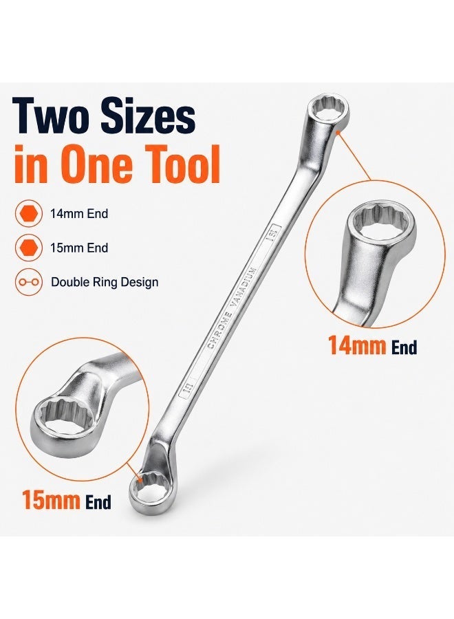 14mm x 15mm Deep Offset Double Box End Wrench, Metric 12-Point Ring Spanner, Heavy Duty Chrome Vanadium Steel Hand Tool for Automotive & Mechanical Repair in Tight Spaces - Image 2