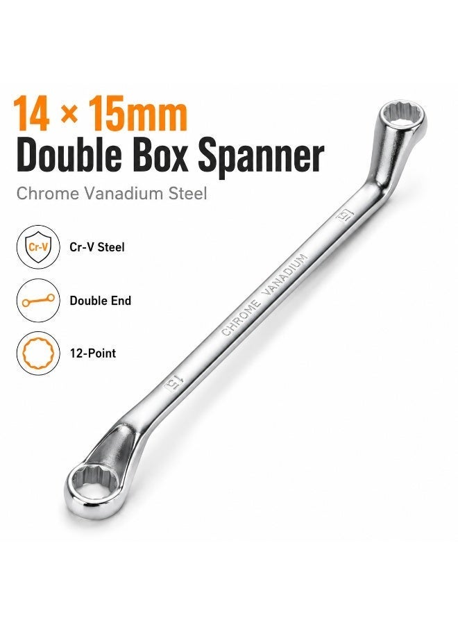 14mm x 15mm Deep Offset Double Box End Wrench, Metric 12-Point Ring Spanner, Heavy Duty Chrome Vanadium Steel Hand Tool for Automotive & Mechanical Repair in Tight Spaces - Image 1