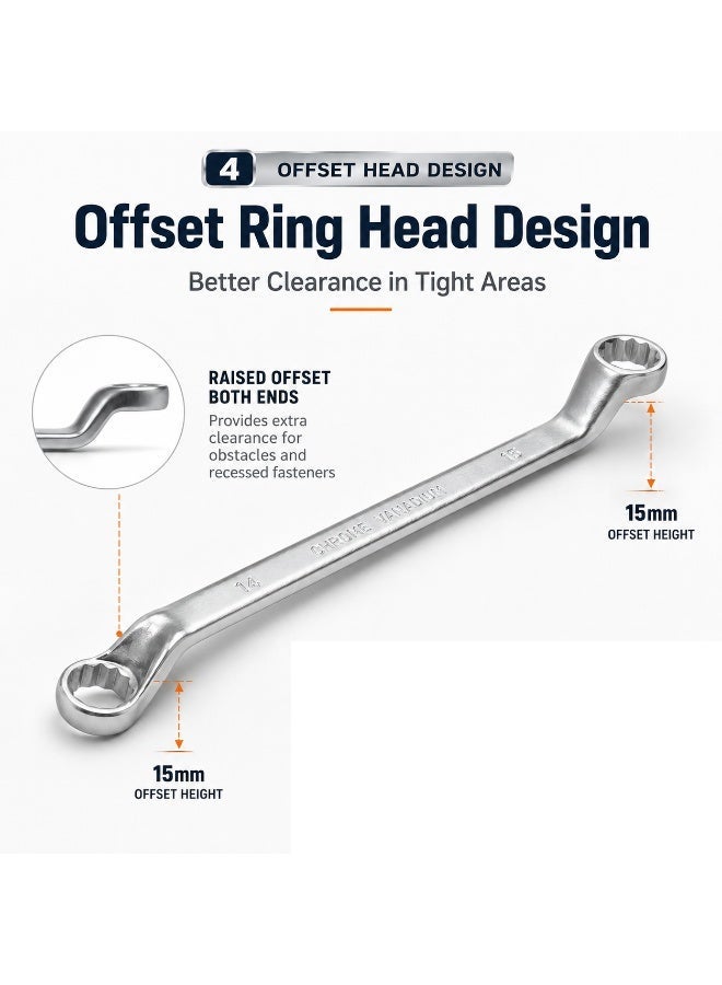 14mm x 15mm Deep Offset Double Box End Wrench, Metric 12-Point Ring Spanner, Heavy Duty Chrome Vanadium Steel Hand Tool for Automotive & Mechanical Repair in Tight Spaces - Image 4