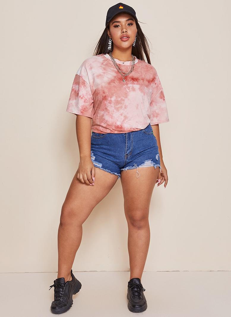 FridayIn Fast fashion Round neck Tie-dye Color contrast Regular sleeve Plus Size Dresses Peach Pink - Image 5
