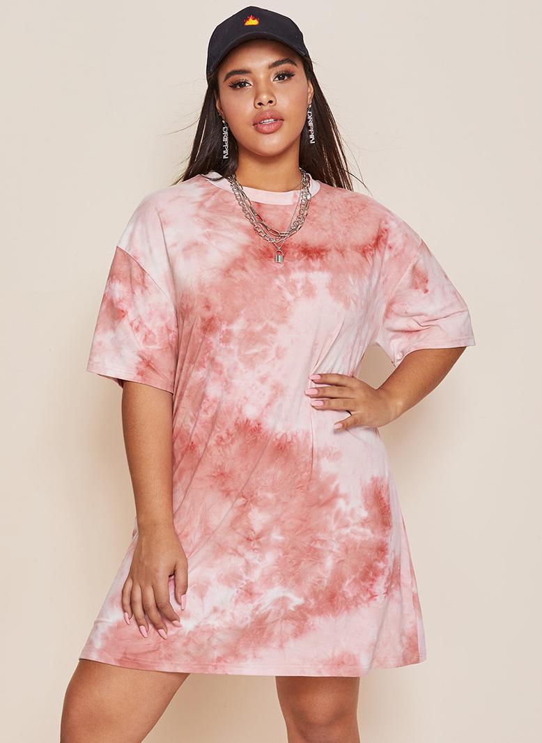 FridayIn Fast fashion Round neck Tie-dye Color contrast Regular sleeve Plus Size Dresses Peach Pink - Image 1