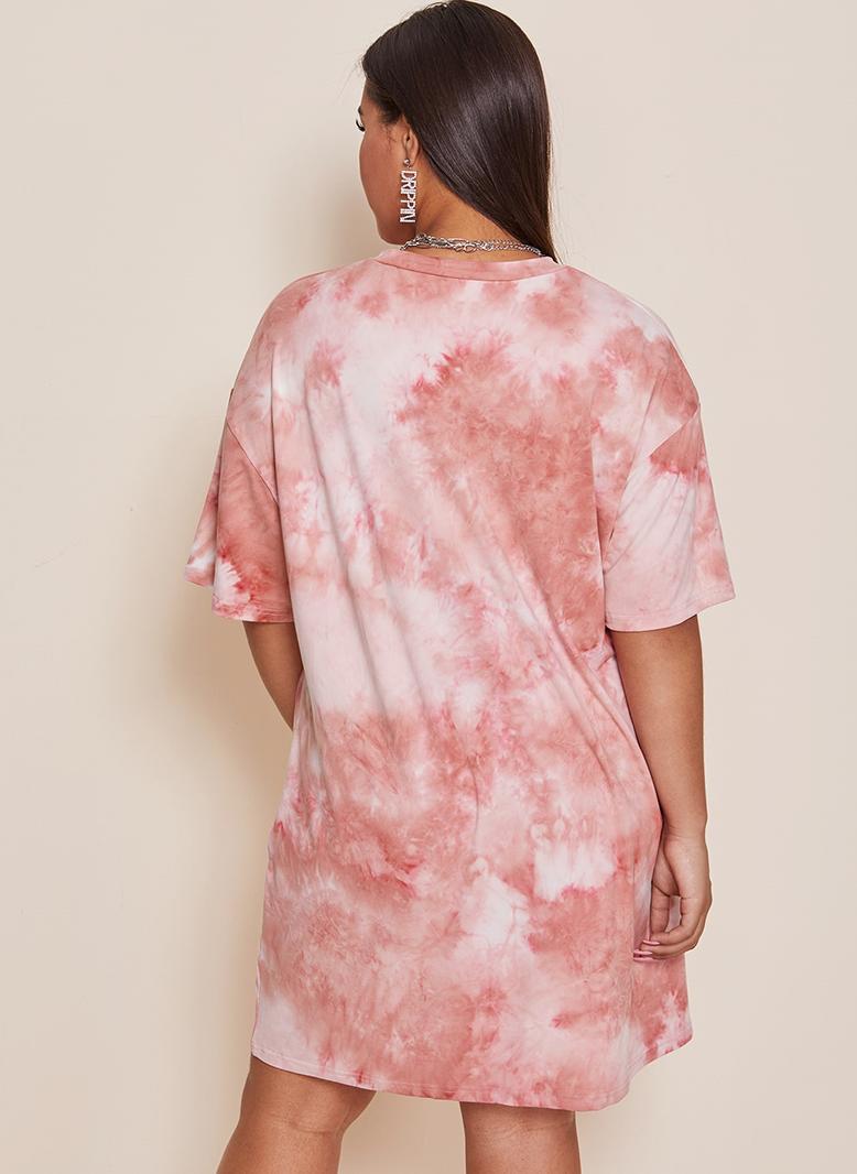 FridayIn Fast fashion Round neck Tie-dye Color contrast Regular sleeve Plus Size Dresses Peach Pink - Image 2