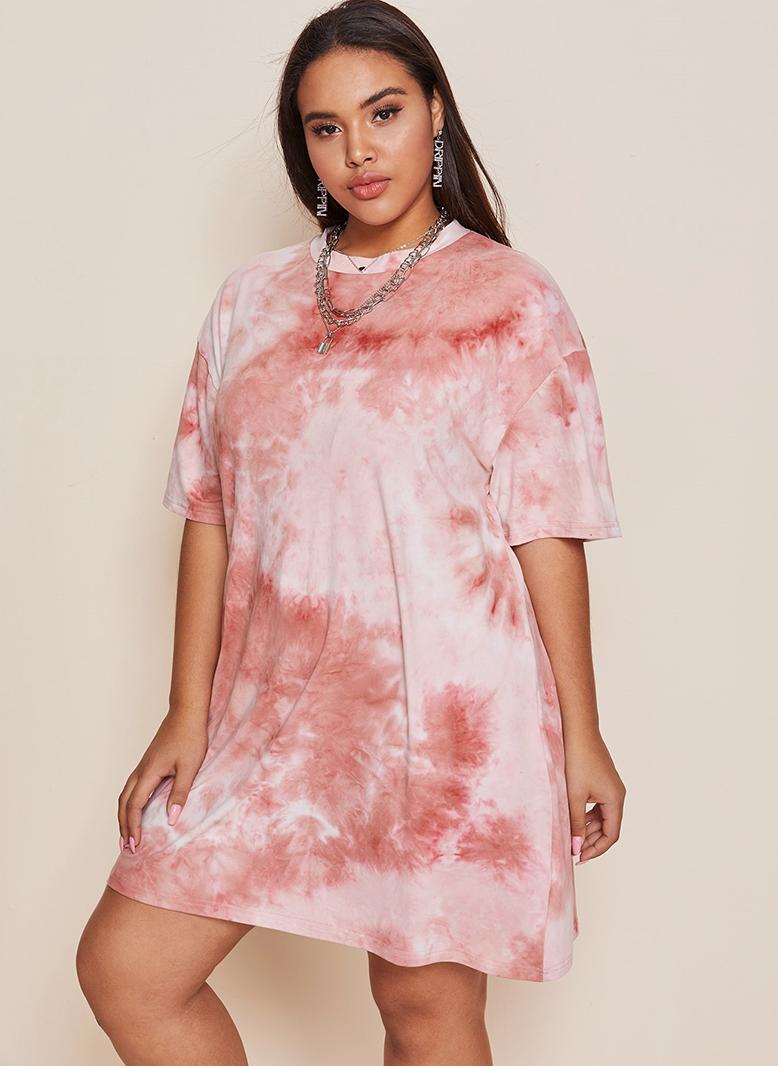 FridayIn Fast fashion Round neck Tie-dye Color contrast Regular sleeve Plus Size Dresses Peach Pink - Image 3