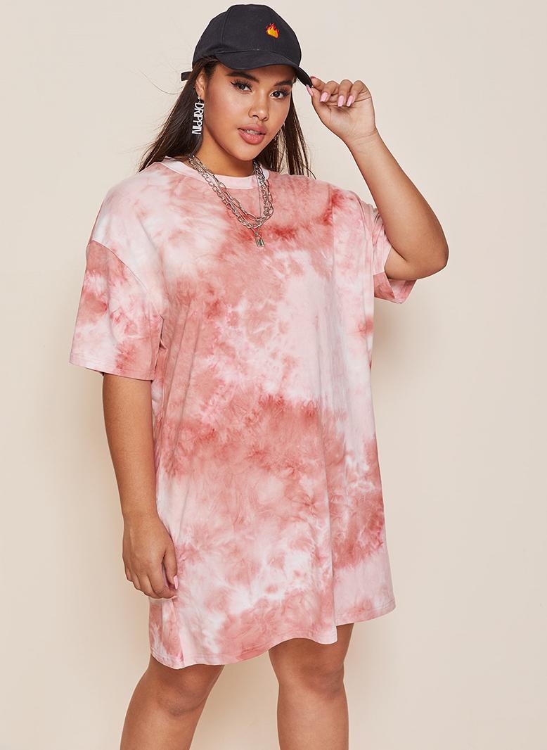 FridayIn Fast fashion Round neck Tie-dye Color contrast Regular sleeve Plus Size Dresses Peach Pink - Image 4