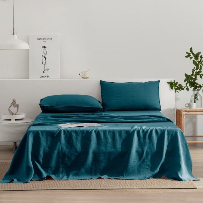 LINEN SHEETS SET KING SIZE100 FRENCH STONEWASH PURE LINEN SHEETS SET4PIECES 1FLAT SHEET1FITTED SHEET2PILLOWCASE SUITABLE FOR HOT SLEEPERSDEEP POCKET NATURAL BEDDING SETGRAPHITE BLUE