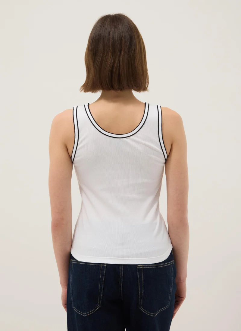 Ovs OVS White Stretch Cotton Tank Top With Border Regular Fit