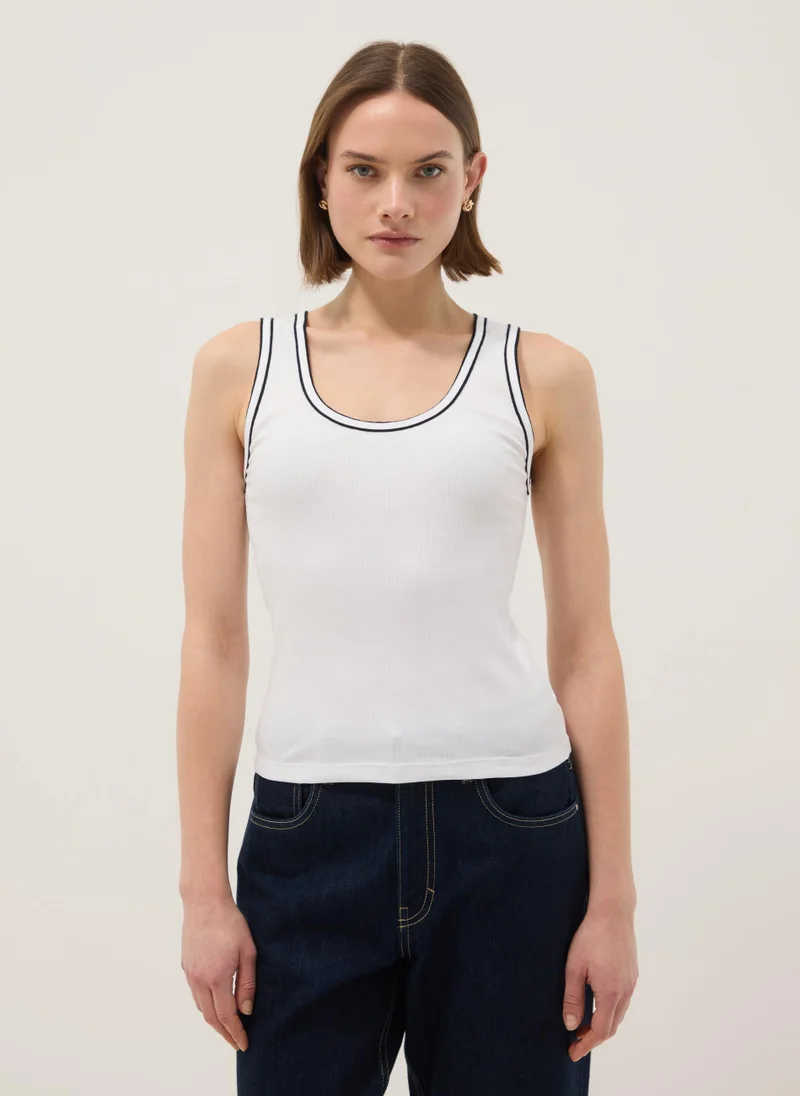 Ovs OVS White Stretch Cotton Tank Top With Border Regular Fit