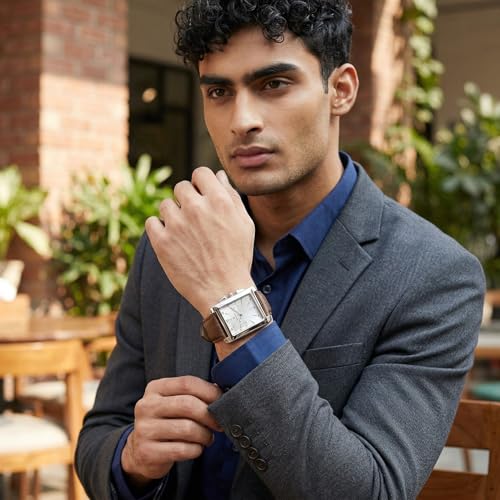 Walrus Rectangular Analog Watch for Men Silver Face Brown Strap Classic Formal Office Wear - Image 2