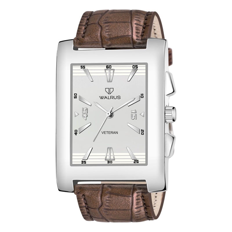 Walrus Rectangular Analog Watch for Men Silver Face Brown Strap Classic Formal Office Wear - Image 3
