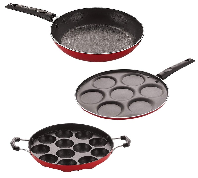 Nirlon Nirlon Non Stick Aluminium Cooking Pan and Pot Utensils Combo Kitchen Set of3 Pieces (2.6mm_APPAMPATRA_UP_TP24)