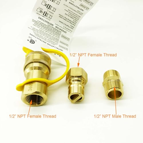 GRILLJOB 1/2" Gas Quick Connect Kit, Disconnect Connector with Female Insert Plug and 1/2" x 1/2" Male NPT Fitting, Solid Brass 1/2 inch Natural Gas Propane Quick Connect Adapter - Image 2