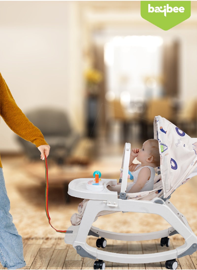 بيبي - كرسي هزاز للأطفال 5 في 1 من بايبي للأطفال مع ألعاب معلقة، مقعد معزّز لتناول طعام الأطفال مع استلقاء متعدد الأوضاع، موسيقى، عجلات وصينية طعام، كرسي هزاز للأطفال من عمر 0 ​​إلى سنتين للأولاد والبنات (رم - Image 1