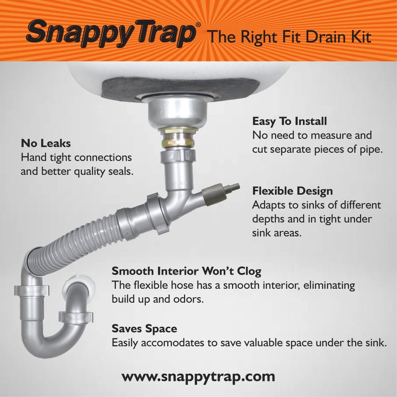 Coflex Snappy Trap Single Kitchen Sink Drain Kit, 1-1/2" with Flexible P-Trap, All-in-One Drain Kit for Single Bowl Kitchen Sinks, Universal Compatibility, No-Tool Easy Installation (DK-100 Silver) - Image 2