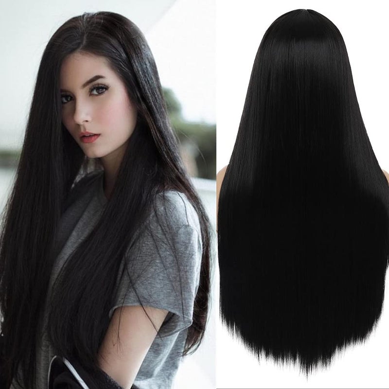 Swiking Long Straight Black Wigs for Women Middle Part Natural Wig Heat Resistant Synthetic Hair Full Wig for Daily Party 24 Inch black