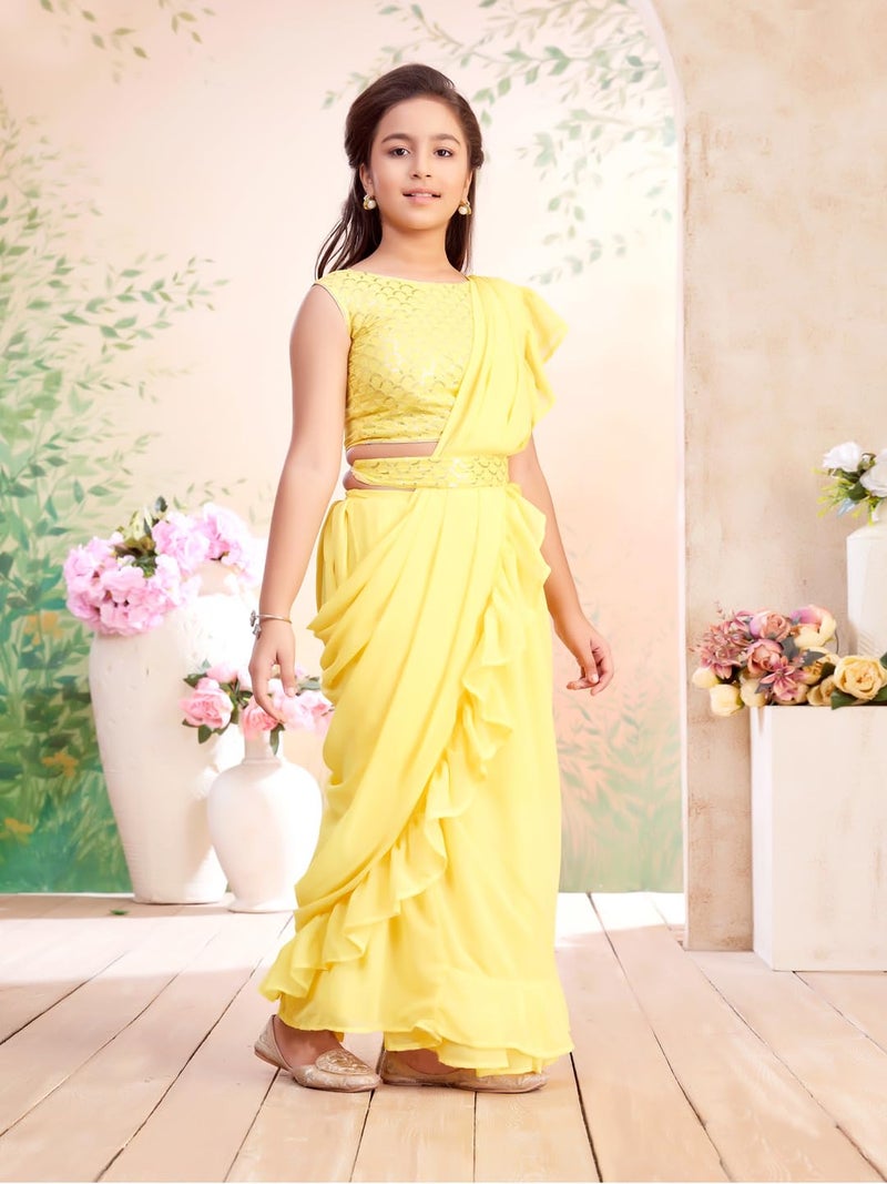 aarikka Aarika Girls Ethnic Wear Yellow Colour Sequin Embroidery Georgette Lehenga Saree With Attachable Dupatta-(3-13 Years)-(SR-26011-YELLOW-36) - Image 2