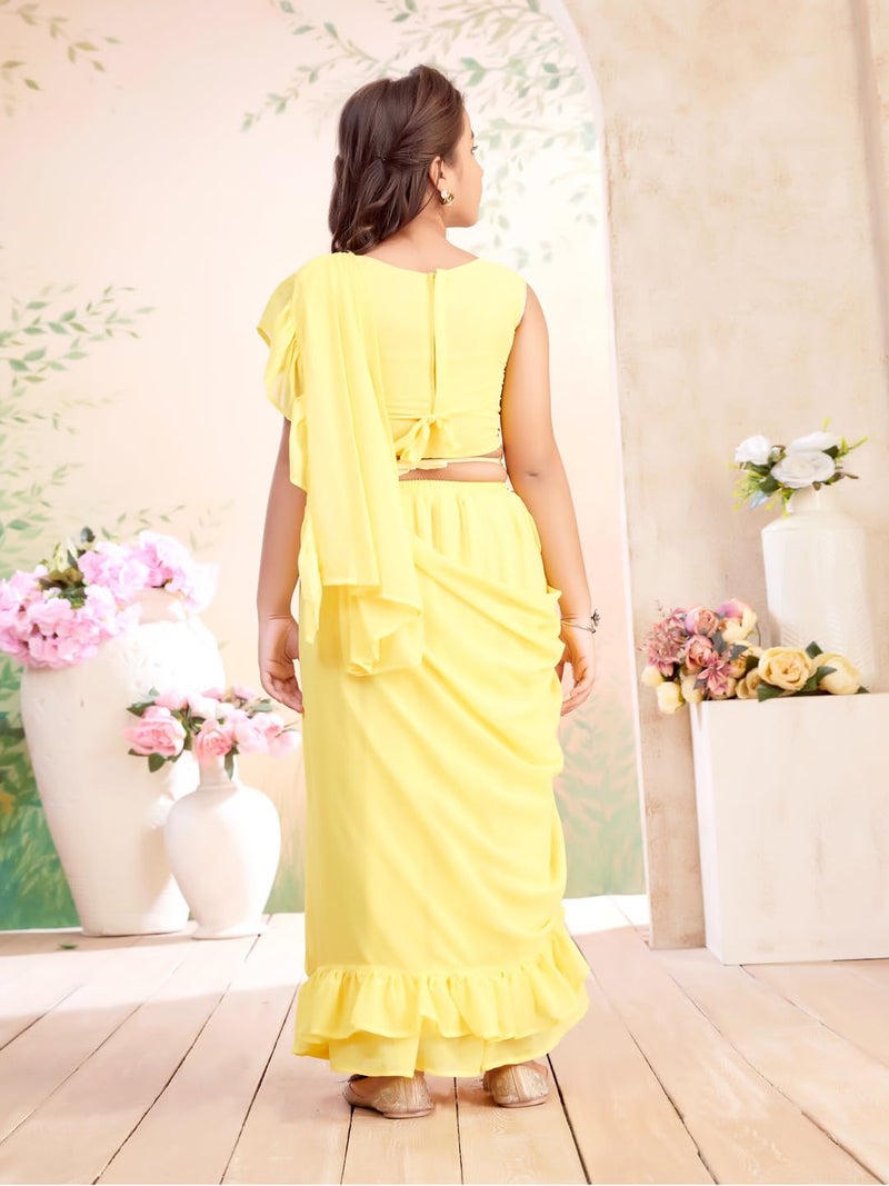 aarikka Aarika Girls Ethnic Wear Yellow Colour Sequin Embroidery Georgette Lehenga Saree With Attachable Dupatta-(3-13 Years)-(SR-26011-YELLOW-36) - Image 4