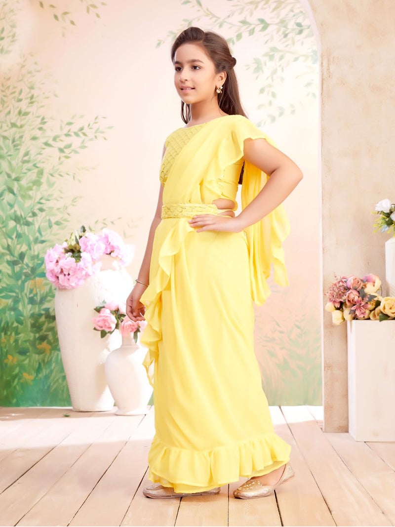 aarikka Aarika Girls Ethnic Wear Yellow Colour Sequin Embroidery Georgette Lehenga Saree With Attachable Dupatta-(3-13 Years)-(SR-26011-YELLOW-36) - Image 3